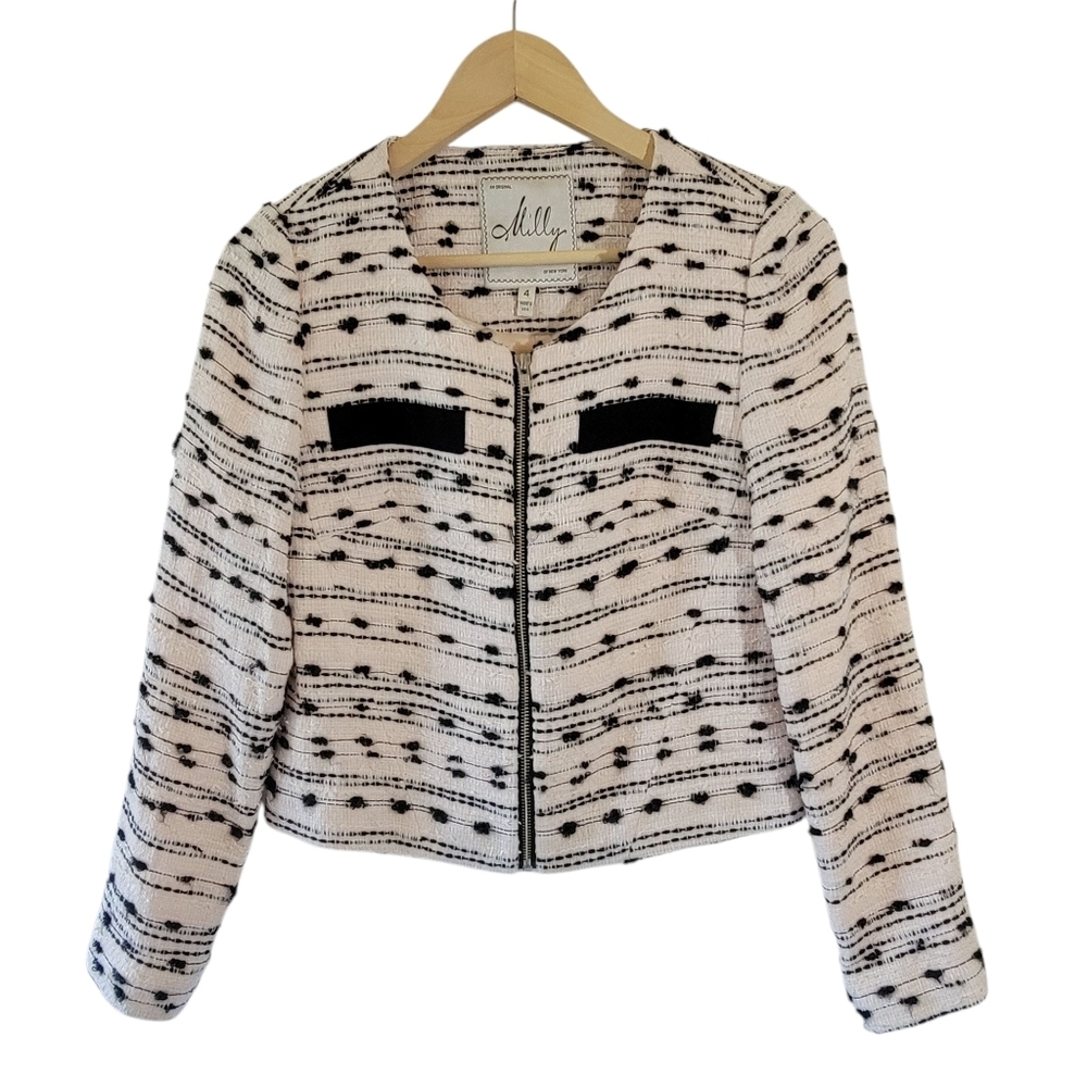 Milly Ivory Black Textured Tweed Blazer Sz 4 Full-Zip Corpcore Office Siren Line